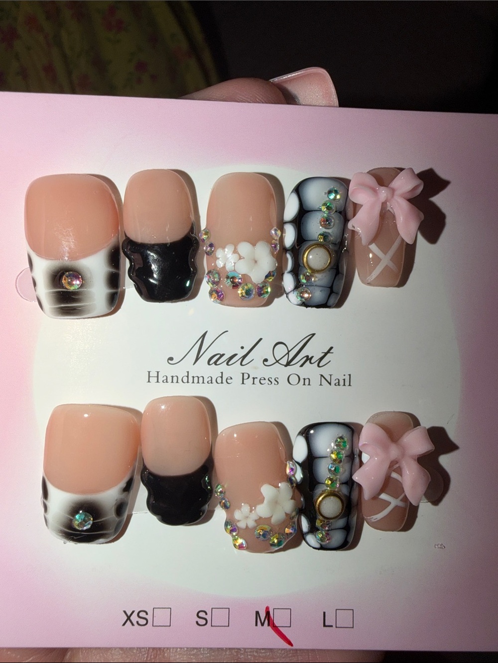 Handmade Press On Nail Set - Pink, Black, White with 3D Bows & Gems